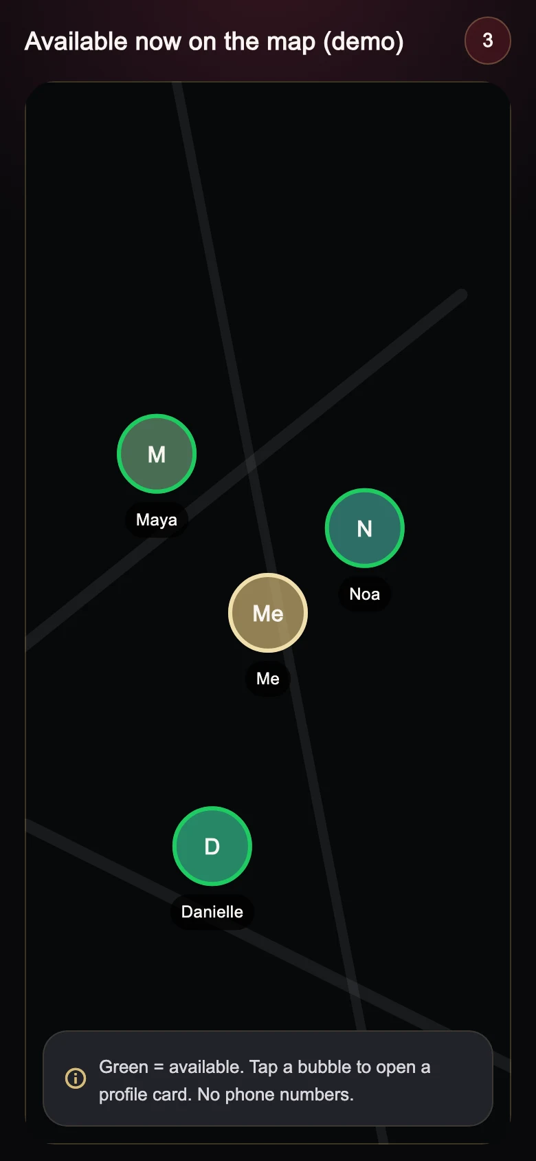 App screen: See who’s nearby. Demo data.