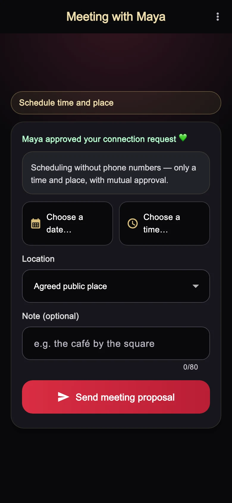 App screen: Agree on a place and a time. Demo data.